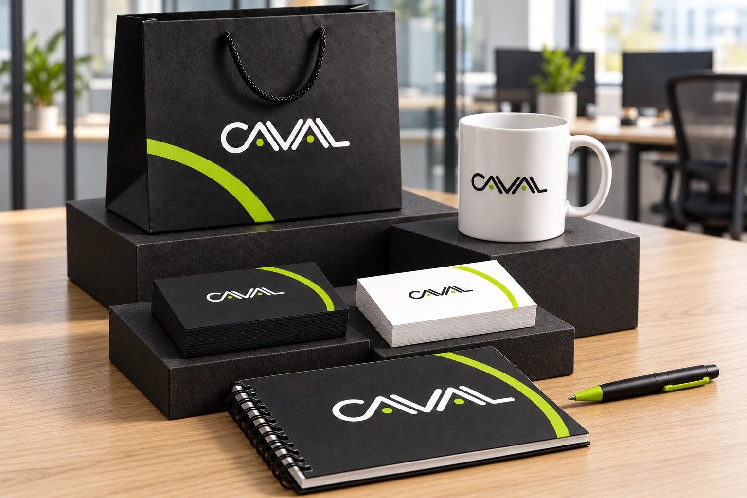Merchandising con la marca CAVAL: bolsa, taza, tarjetas de presentación, libreta y lapicero